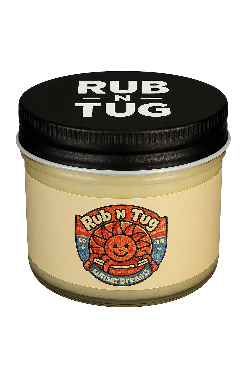 A clear glass jar of Rub N Tug pomade labeled “Sunset Dreams,” topped with a black screw-on lid featuring bold white “RUB N TUG” lettering. The label showcases a cheerful, cartoon-style sun with barber pole arms in red, white, and blue tones, evoking a vintage Americana vibe. Natural men’s hair pomade, veteran-owned, 4th generation barber-approved, all-natural ingredients, strong hold, classic finish, Rub N Tug grooming products USA.