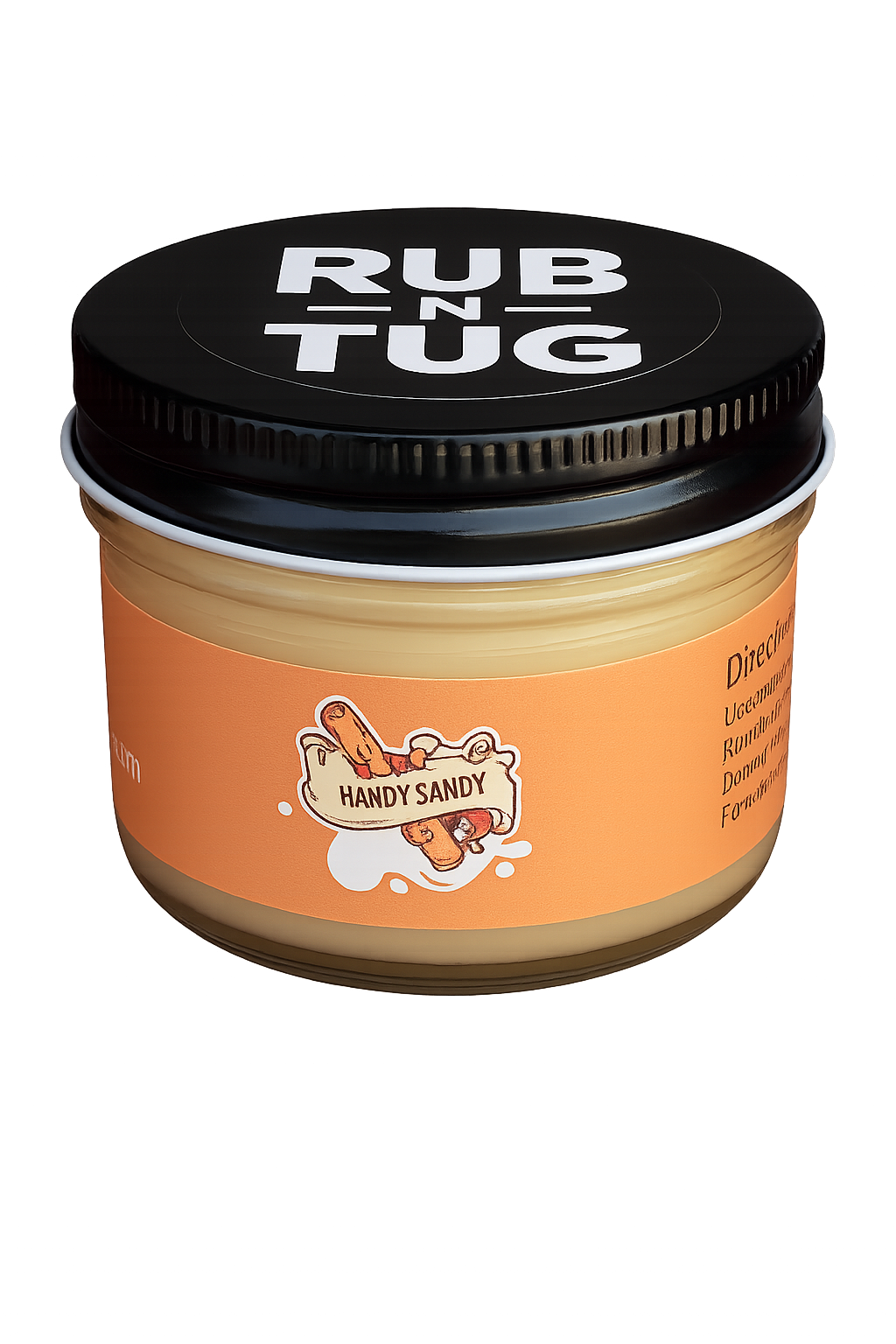 A close-up of the Rub N Tug "Handy Sandy" hair pomade jar, featuring a bold orange label with a playful cartoon log character gripping a banner that reads "Handy Sandy." The black lid prominently displays the Rub N Tug logo in white, and the glass jar rests against a smooth gradient background.  Handy Sandy by Rub N Tug — a premium, all-natural pomade with cheeky branding and long-lasting hold, developed by barbers for confident, playful styling.