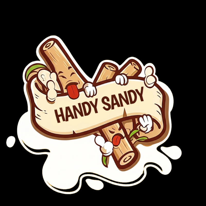 Cartoon-style logo for “Handy Sandy” featuring animated wooden logs with expressive faces, tongues out, and small white-gloved hands gripping a tan banner that reads “HANDY SANDY” in bold brown letters. A white splash surrounds the characters, all set against a solid black background to enhance contrast and visual impact.
Ideal for edgy barbershop branding, men’s organic hair pomade marketing, natural grooming product packaging, and bold styling cream promotions.
