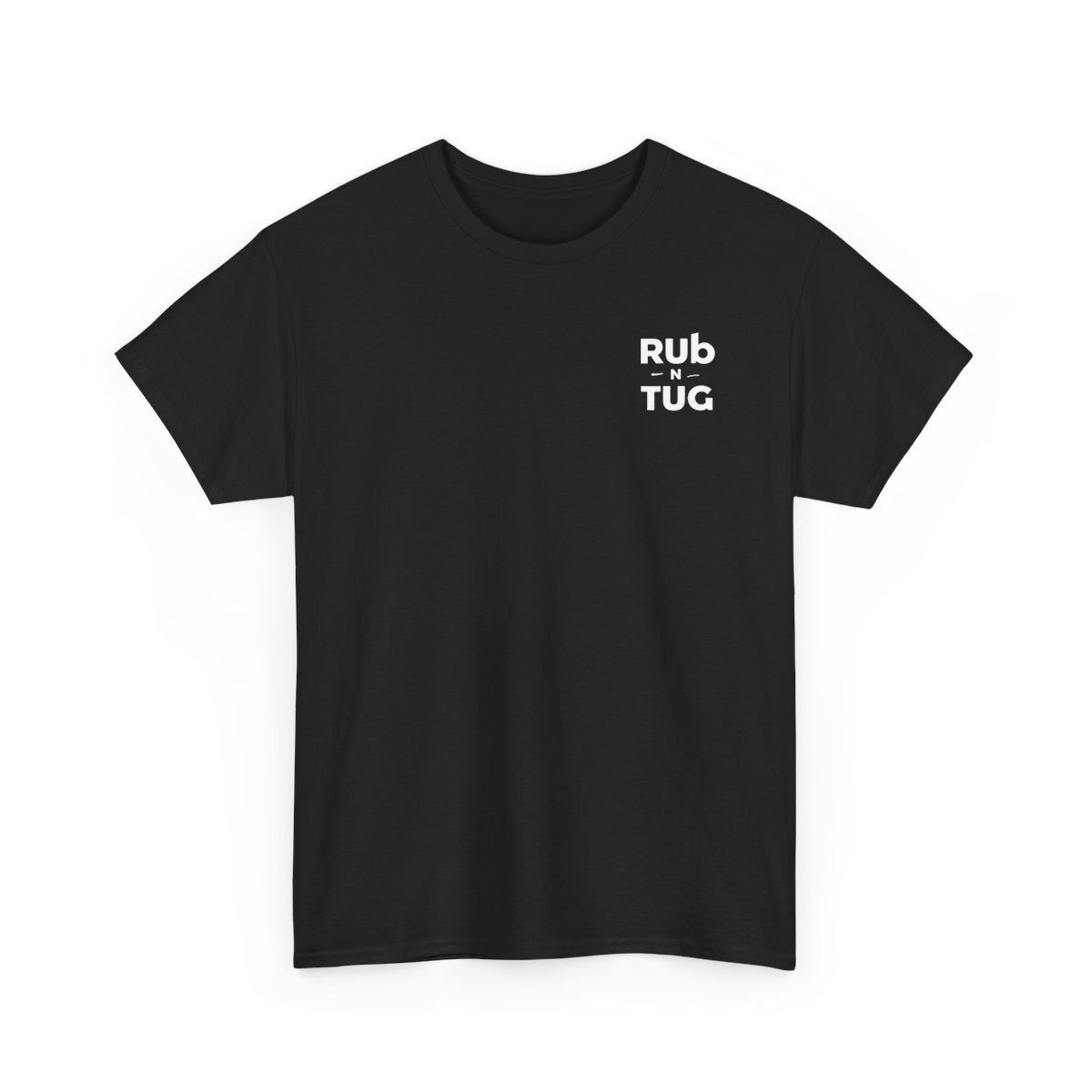 Front view of a short-sleeve Rub N Tug T-shirt available in multiple colors, showing the Rub N Tug logo across the chest. Minimalist design representing the veteran-owned, barber-approved men’s grooming brand.