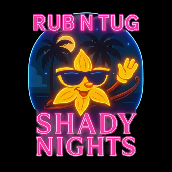 Logo for “Rub N Tug Shady Nights” featuring a glowing neon flower character wearing sunglasses and waving, set against a tropical night backdrop with palm trees and a crescent moon. Bold pink neon text spells out the brand and scent name, all on a black background.

All-natural men’s grooming logo for Rub N Tug’s Shady Nights pomade — a bold, tropical-inspired scent designed for nighttime confidence, veteran-owned and barber-approved.