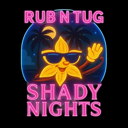 Logo for “Rub N Tug Shady Nights” featuring a glowing neon flower character wearing sunglasses and waving, set against a tropical night backdrop with palm trees and a crescent moon. Bold pink neon text spells out the brand and scent name, all on a black background.

All-natural men’s grooming logo for Rub N Tug’s Shady Nights pomade — a bold, tropical-inspired scent designed for nighttime confidence, veteran-owned and barber-approved.