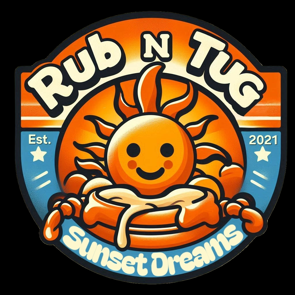 Logo for Sunset Dreams Rub N Tug pomade, featuring a smiling orange sun rising behind a swirl of pomade wrapped in a barber’s pole. The design includes bold retro-style text, “Rub N Tug” at the top and “Sunset Dreams” below, with “Est. 2021” on the sides. black background for versatile use.  Ideal for organic men’s hair styling, grooming branding, and artisan pomade marketing.