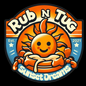 Logo for Sunset Dreams Rub N Tug pomade, featuring a smiling orange sun rising behind a swirl of pomade wrapped in a barber’s pole. The design includes bold retro-style text, “Rub N Tug” at the top and “Sunset Dreams” below, with “Est. 2021” on the sides. black background for versatile use.  Ideal for organic men’s hair styling, grooming branding, and artisan pomade marketing.